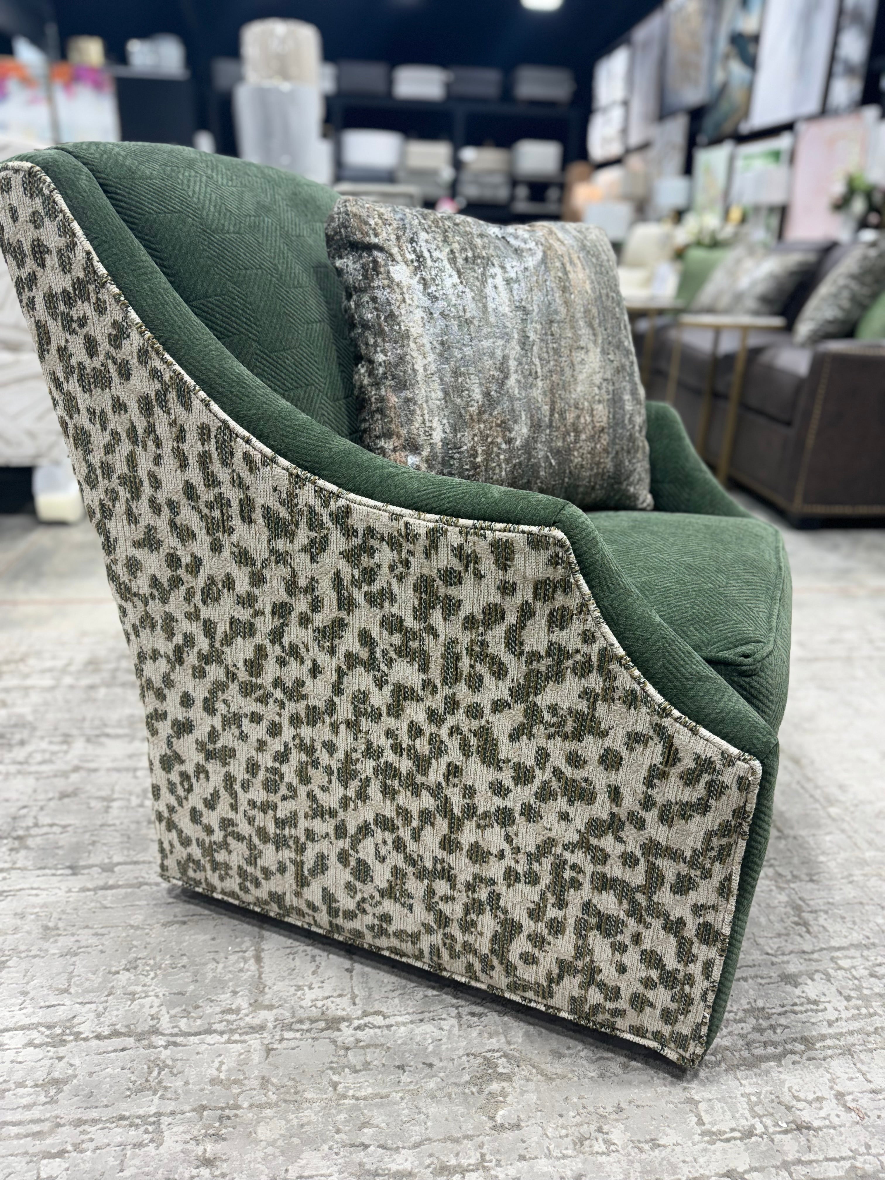 Craftmaster Green and Leopard Swivel Arm Chair