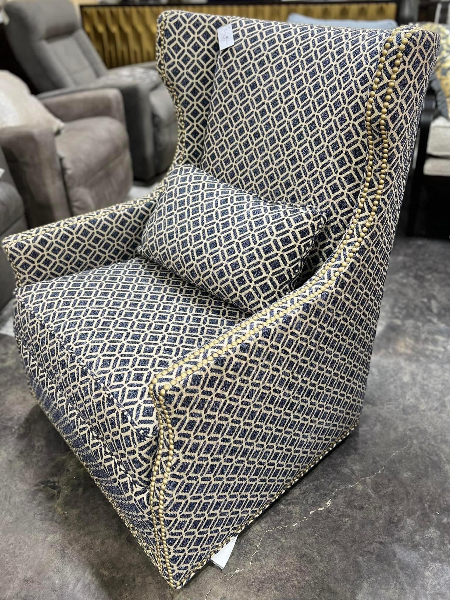 Blue Wingback Geometric Swivel Arm Chair (Custom)