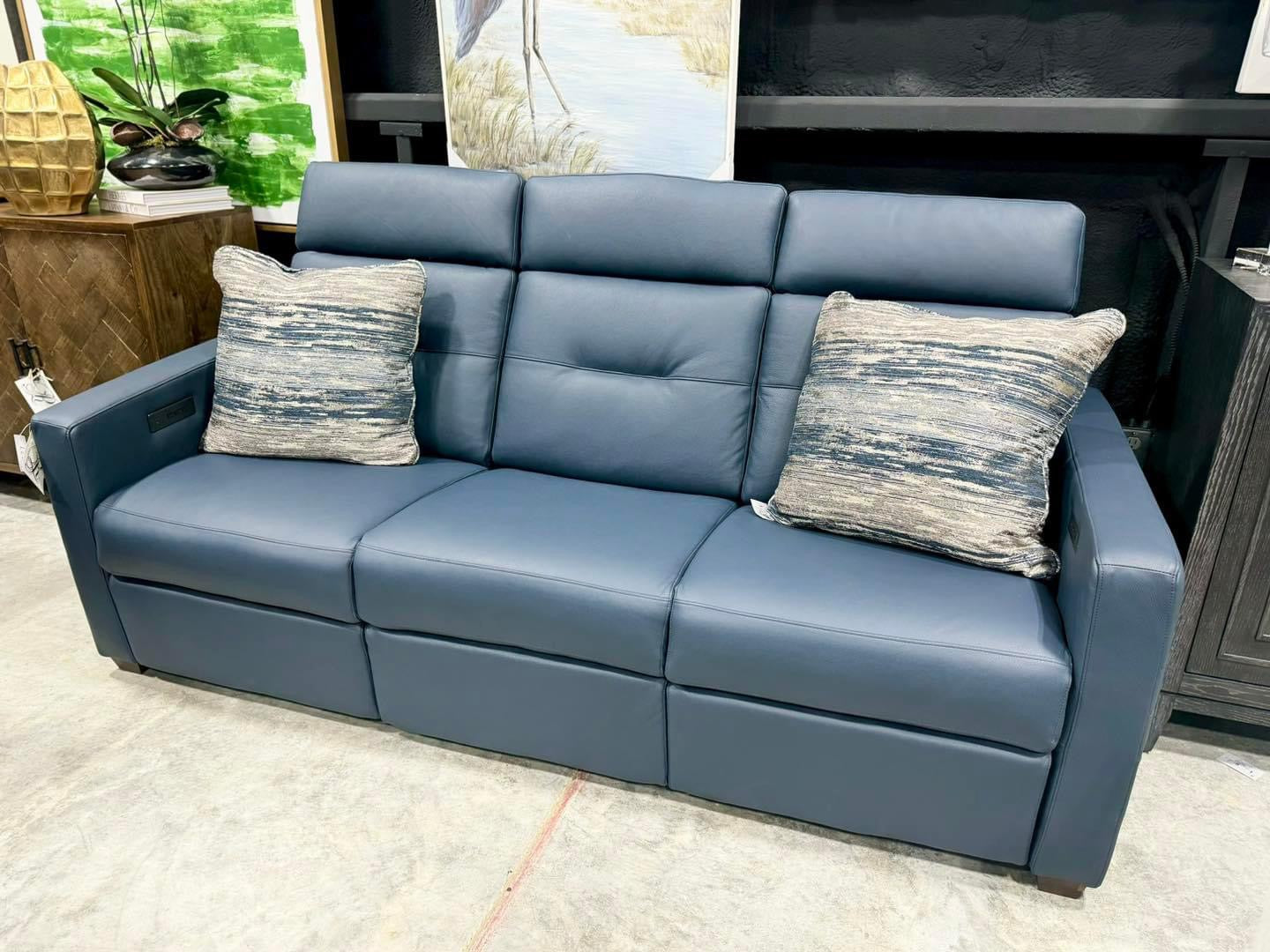 Palliser Navy Leather Sofa with Power Recliner, Headrest, and Lumbar