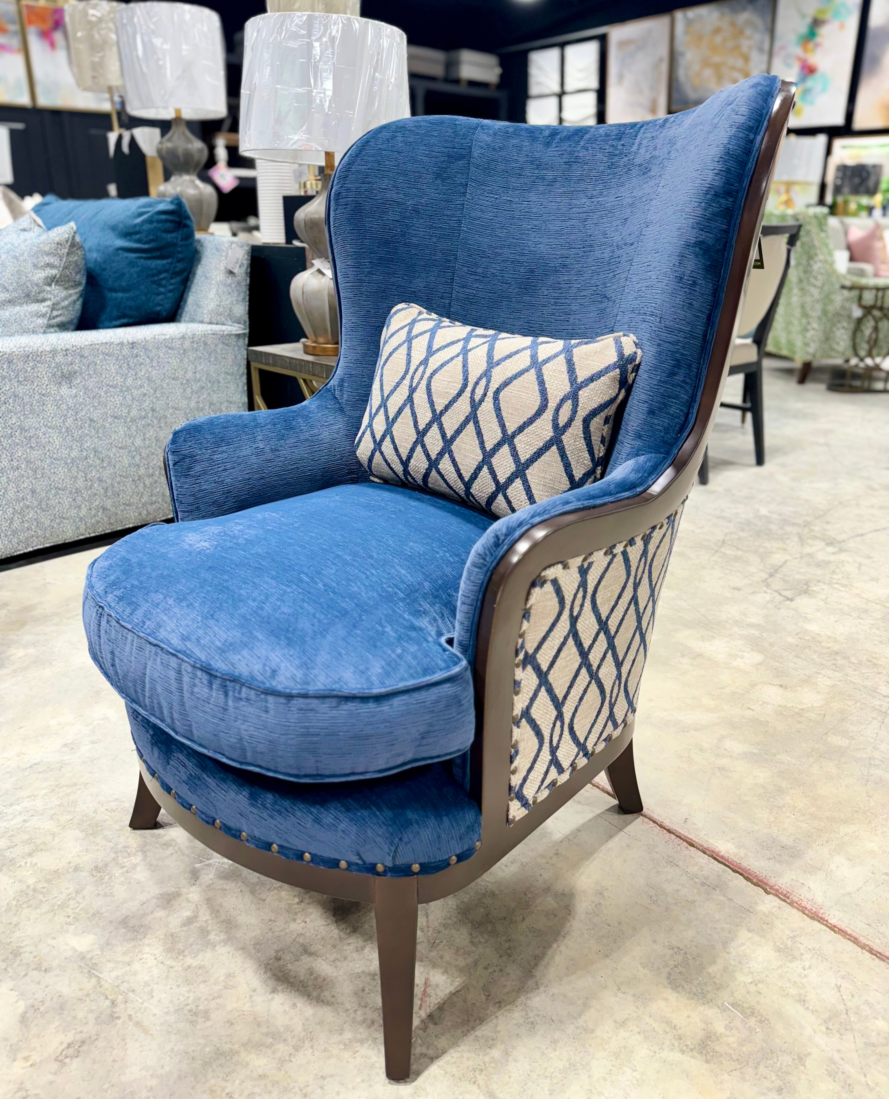 Blue High Back Patterned Arm Chair